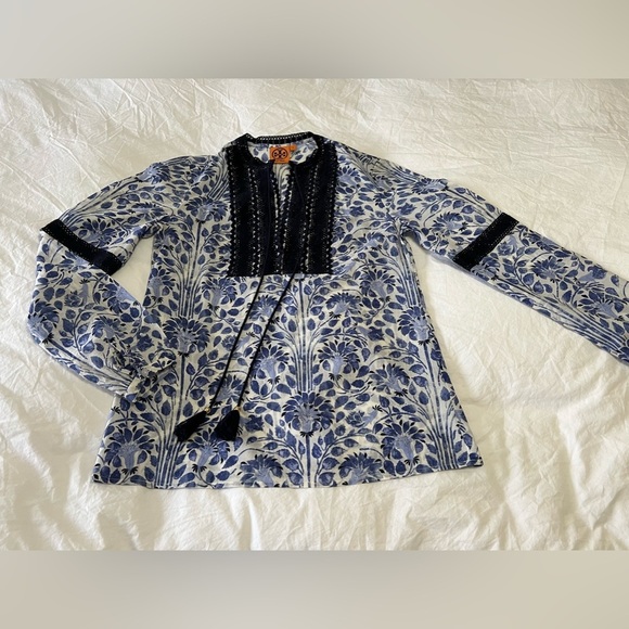 Tory Burch | Tunic Floral Blouse SZ 4 Blue Print Tie Tassel Front Cotton - Picture 1 of 11